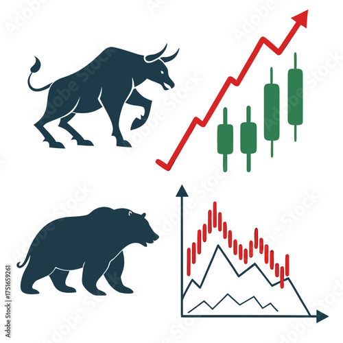 Bull and bear market illustration with stock chart