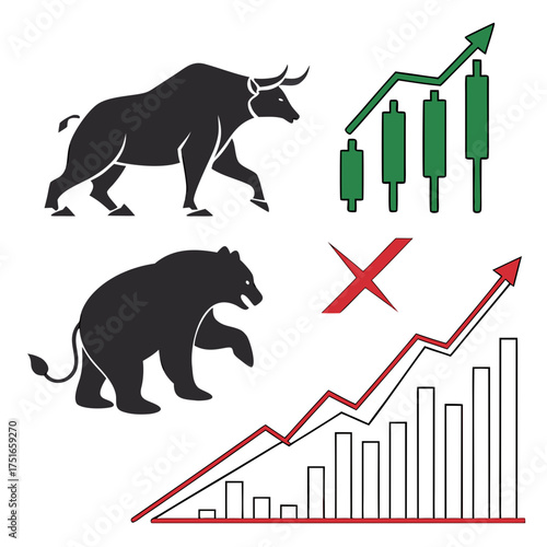 Bull and bear market illustration with stock charts
