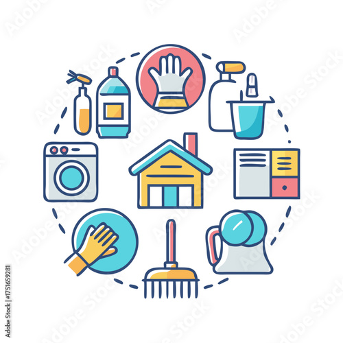Cleaning service concept with house and cleaning supplies on