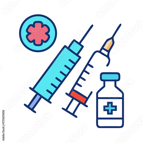 Illustration of vaccine vials and syringes with medical symbol