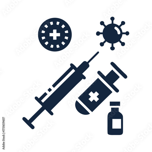 Illustration of vaccine vials and syringes with virus