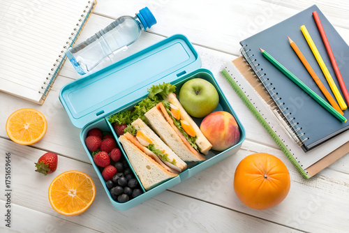 Healthy School Lunchbox with Fresh Fruit and Sandwiches, Student Essentials