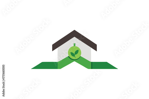 Minimalist house roof with green eco ribbon badge for sustainable living advertisement