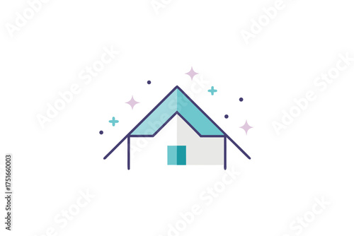 Whimsical minimal house roof design with tiny magical orbiting crystals and vibrant colors