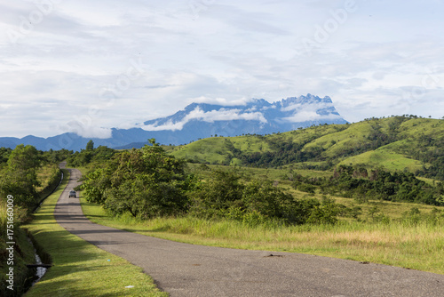 Title: Winding Road Leading Towards Mount Kinabalu Peak and Lush Green Rolling Hills