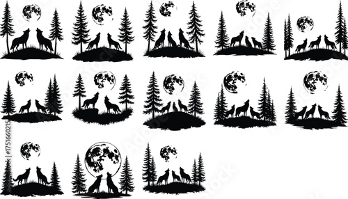 Black silhouette wolves howling at moon among pine trees