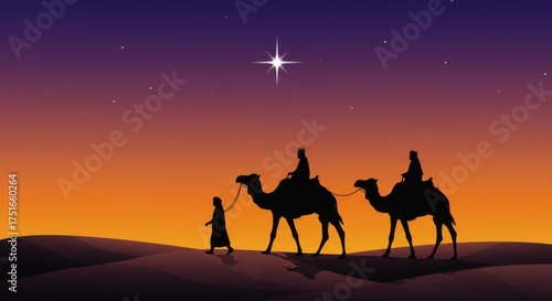Three wise men follow the star of bethlehem across the desert