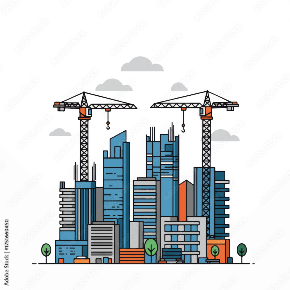 Obraz premium Cityscape construction site with cranes and modern buildings under development.