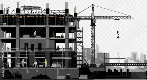 Black and white silhouette of a building under construction with a tower crane.