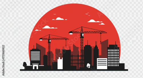 City Skyline Silhouette with Cranes and Red Sun.