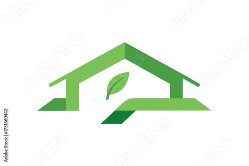 Modern minimalist house with a green eco ribbon on a clean white background