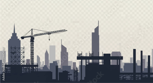 Construction Crane and Buildings Silhouette Cityscape Under Construction.
