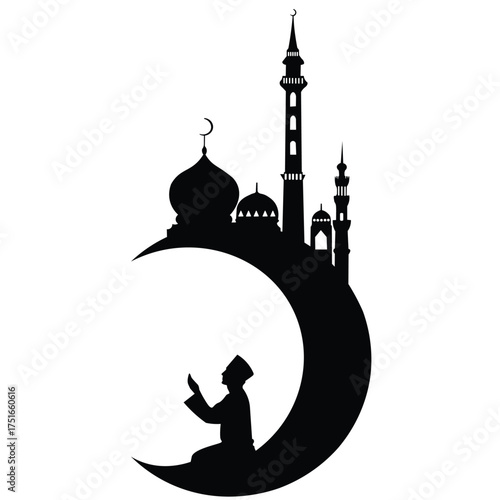 Beautiful vector silhouette of a man in prayer  illustration with  mosque with black color