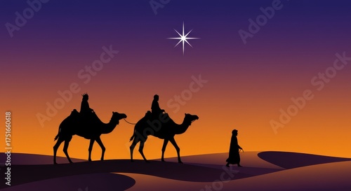 Three wise men follow the star of bethlehem across the desert