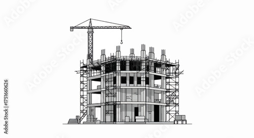 Construction Site Sketch Building Under Construction with Crane.