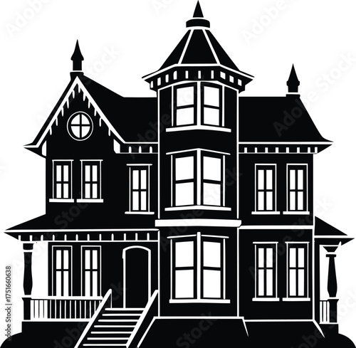 Victorian Mansion House Silhouette Vector Art Isolated Transparent Background Old Gabled Residence Spooky Estate