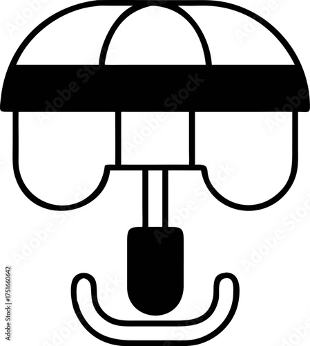Black and white line art illustration of an open umbrella providing protection from rain, a classic symbol of weather preparedness and shelter from the elements