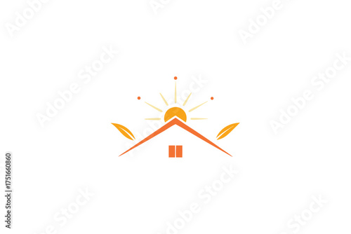 Minimalist house with a sparkling nature inspired circular emblem on a white background