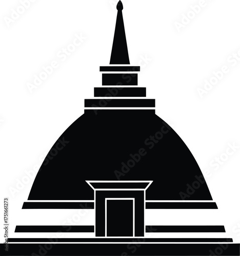Ancient stupa silhouette graphic representing a sacred Buddhist shrine or temple, featuring a dome and spire design, cultural icon