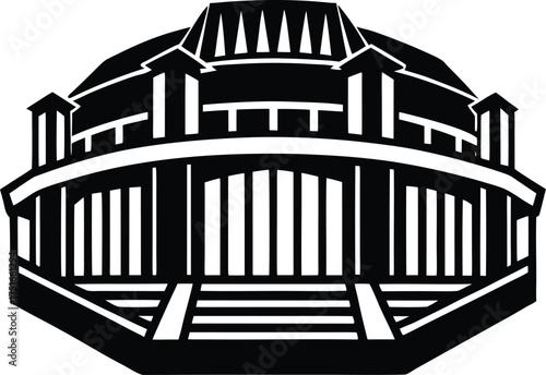 Royal Albert Hall style building icon showing classical architecture with pillars and intricate roof detailing, historic landmark