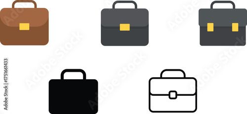 A set of black and white luggage icons includes symbols for travel bags, suitcases, briefcases, and business portfolios with handles and locks