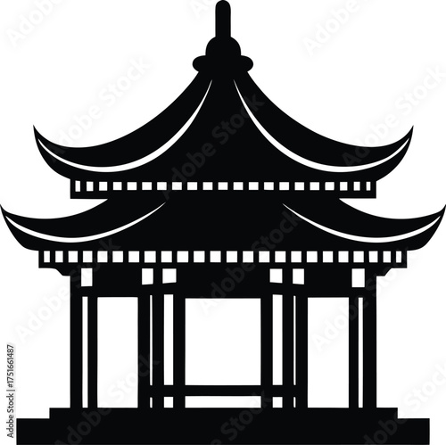 Traditional East Asian gazebo pagoda icon, oriental architectural structure silhouette, decorative garden building dark symbol