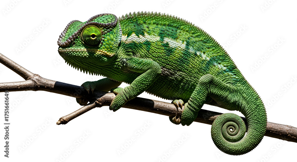 Obraz premium Green chameleon on branch isolated on white background, exotic reptile with unique skin texture and color-changing ability.