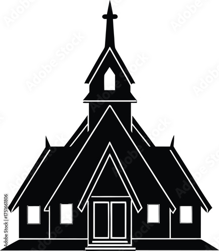 Traditional Norwegian stave church silhouette vector illustration historic wooden architecture religious building icon on transparent background