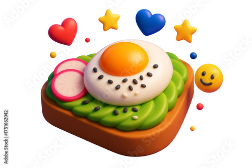 Fun cartoon toast topped with egg, avocado, radish, and surrounded by emoji icons in a playful, clean style on white background. Ai generative