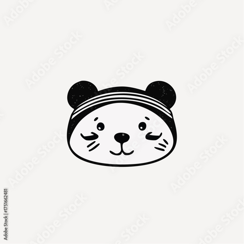 Stylized illustration of a bear's face with a striped headband, rendered in a simple, black-and-white design.