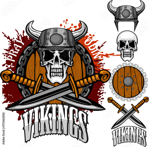 Viking Warrior Skull Mascot Logo with Crossed Axes and Shield in Grunge Style Vector Illustration Viking Theme Vector (8).eps