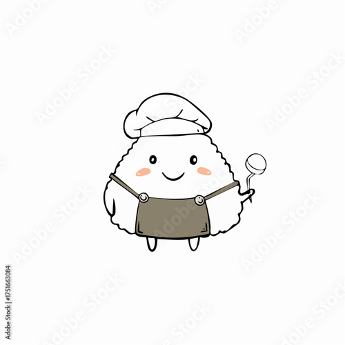 Cute onigiri chef character with a chef's hat and apron holding a spoon.