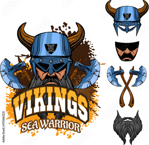 Viking Warrior Skull Mascot Logo with Crossed Axes and Shield in Grunge Style Vector Illustration Viking Theme Vector (9).eps