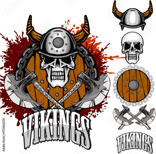 Viking Theme Vector (10) Viking Warrior Skull Mascot Logo with Crossed Axes and Shield in Grunge Style Vector Illustration