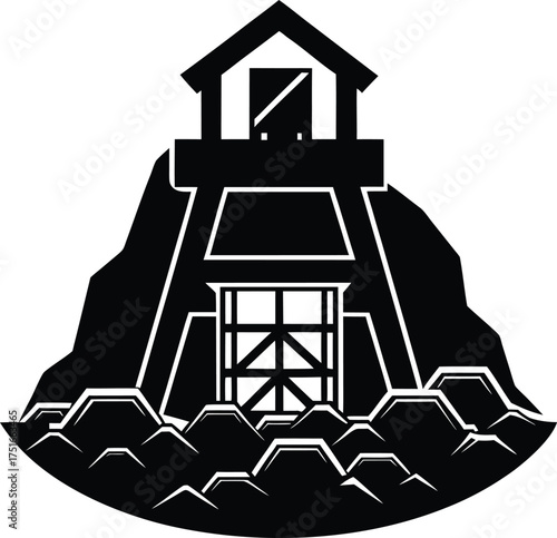 Mining Tower Silhouette Icon Vector Flat illustration of an industrial mine shaft structure on a rugged mountain terrain transparent background