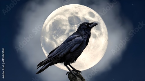 Black raven perched against full moon in night sky  
