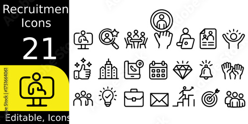 Collection of 21 editable recruitment icons for online hiring and job search