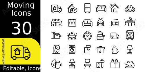 Collection of 30 editable moving icons featuring a moving truck and house symbol