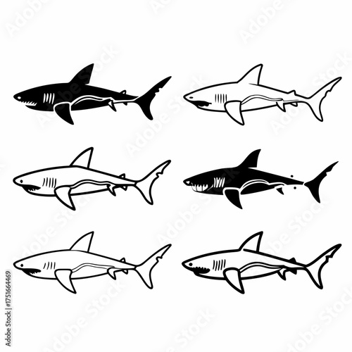 Six shark silhouettes in black and white, swimming in different directions