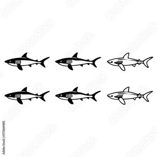 Six shark silhouettes in black and white, swimming in different directions