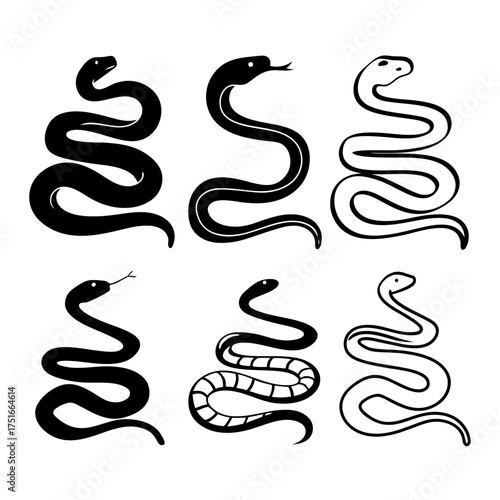 Collection of six snake illustrations, showcasing diverse shapes and patterns