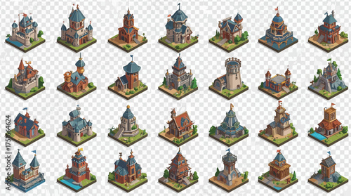A collection of stylized isometric fantasy map icons including castles, towers, villages, bridges, and shrines