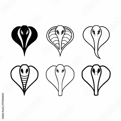 Illustration of six cobra heads in various styles, showcasing snake diversity