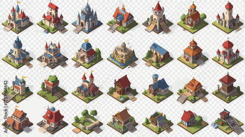 A collection of stylized isometric fantasy map icons including castles, towers, villages, bridges, and shrines