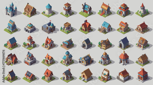 A collection of stylized isometric fantasy map icons including castles, towers, villages, bridges, and shrines