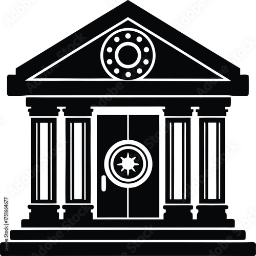 Bank building financial institution architecture with columns and vault design vector illustration icon silhouette isolated