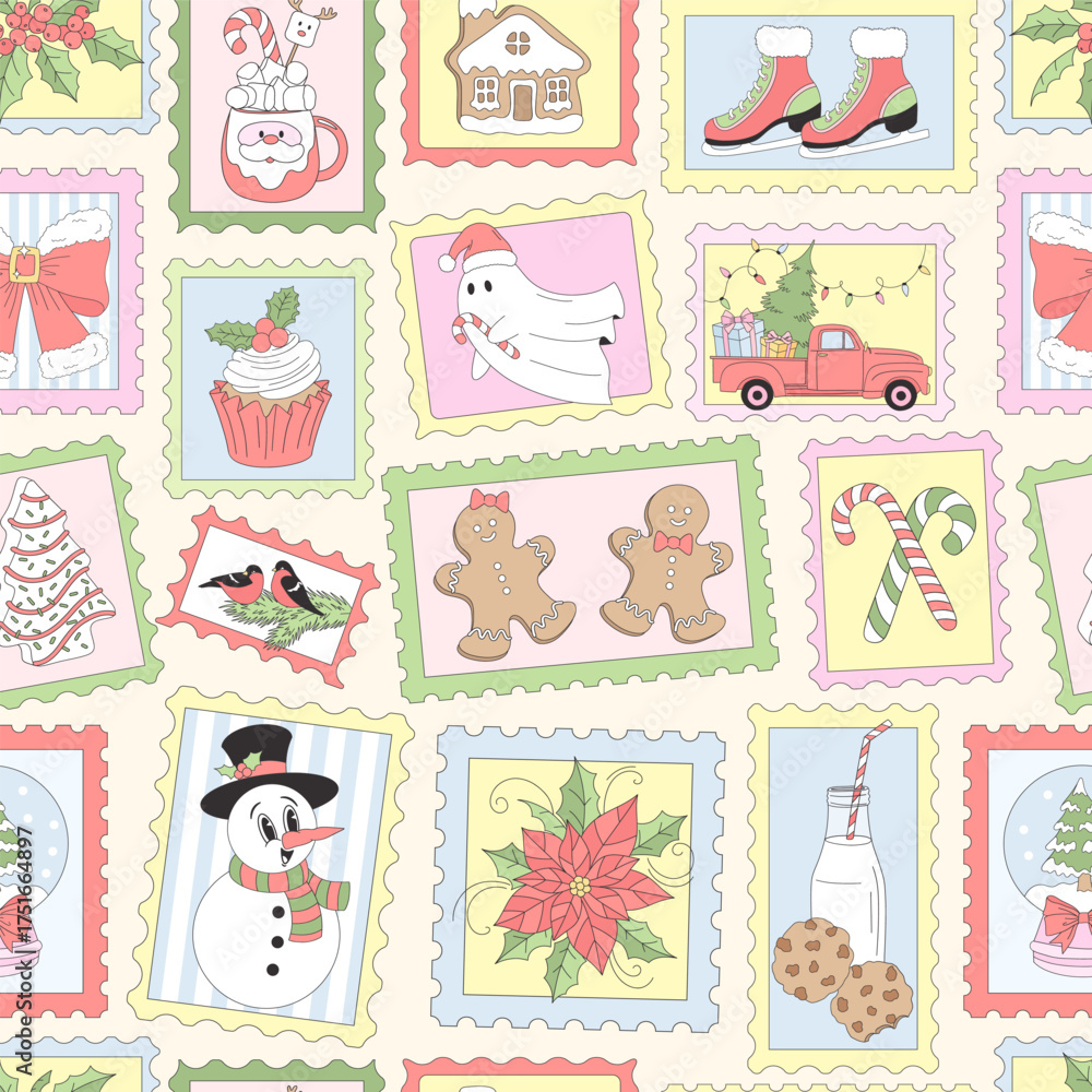 Fototapeta premium Retro Cute Merry Christmas Postage Stamp Aesthetic seamless pattern. Background for Journaling, Scrapbooking, Digital Planners and Collage Art