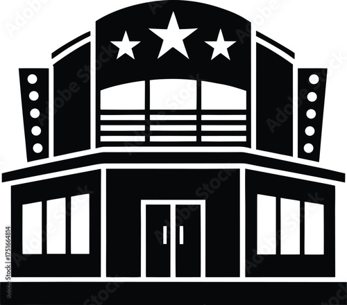 Black silhouette of an iconic theater building with three stars above its entrance, a classic entertainment venue structure.