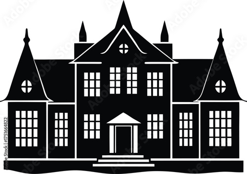 Detailed black silhouette of a grand manor house or mansion with multiple windows and prominent turrets, classical architecture.