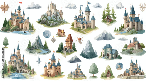 A collection of stylized isometric fantasy map icons including castles, towers, villages, bridges, and shrines